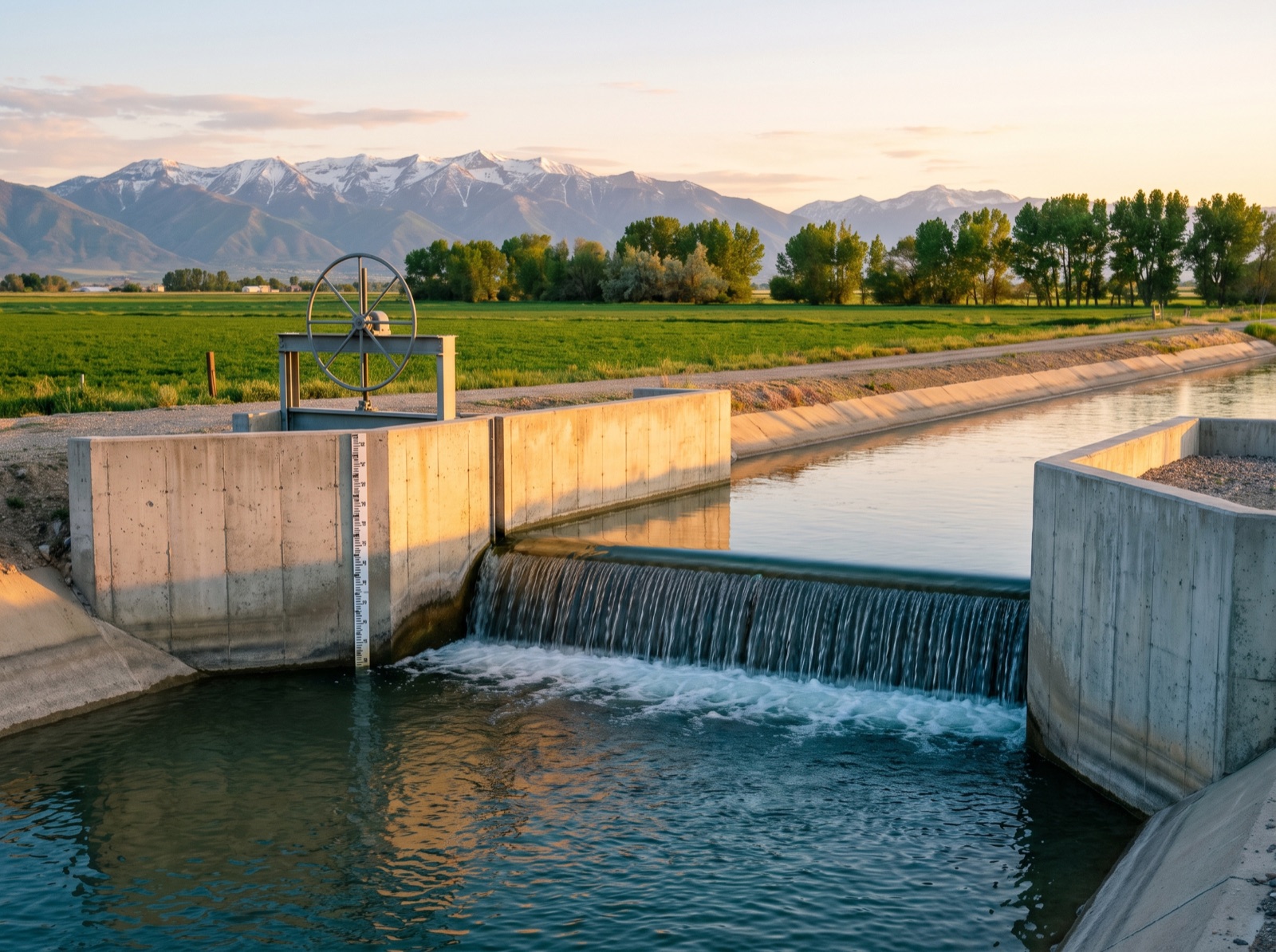 An irrigation canal headgate with water flowing over a weir
